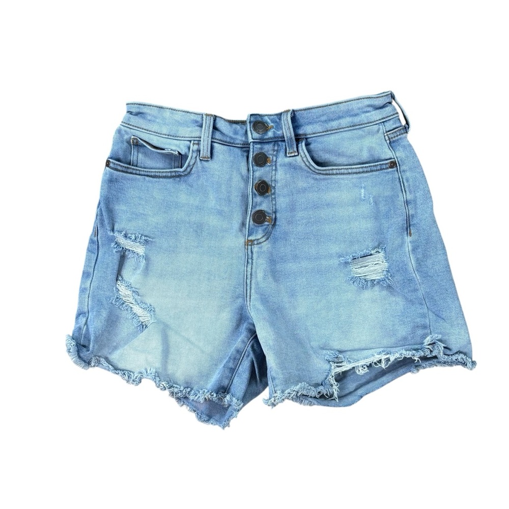 Woman’s Lauren Conrad button fly high rise distressed denim shorts size 6